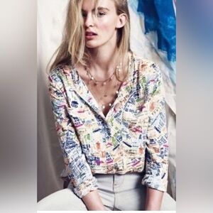 ANTHROPOLOGIE MAEVE London Map Blouse Top Cartography‎ Colorful Fun Long Button